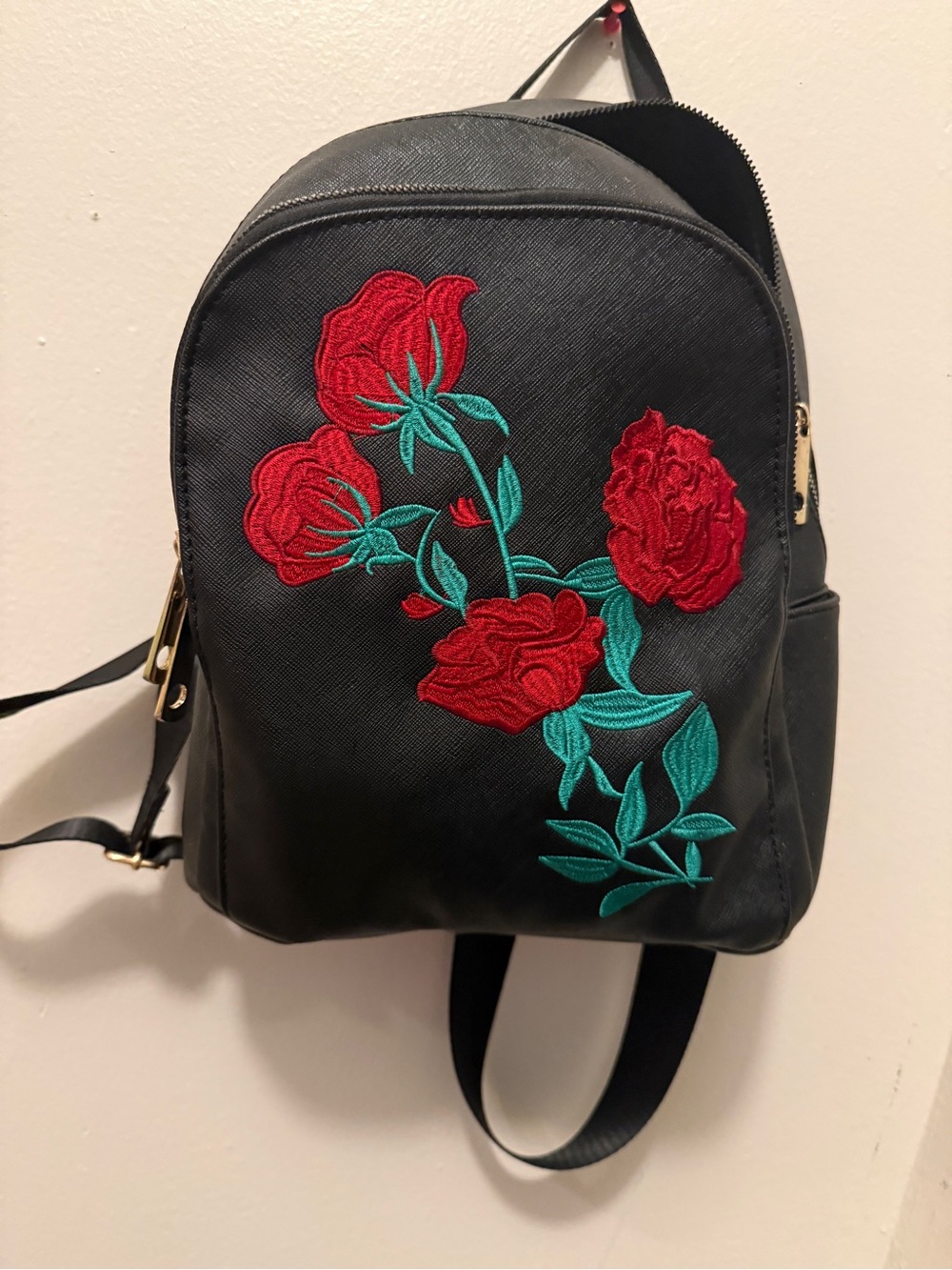 Women’s Small/Medium Purse Style Black Backpack with Red Rose Embroidery